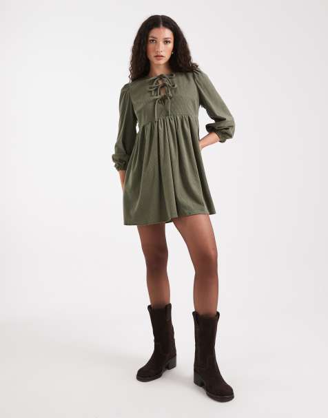 New Look – Luźna sztruksowa sukienka mini w kolorze khaki - view 1