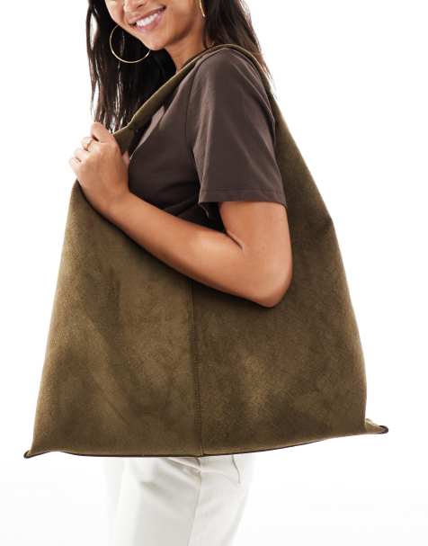 New Look – Luźna torebka z imitacji zamszu z tłoczeniem w kolorze khaki - view 1