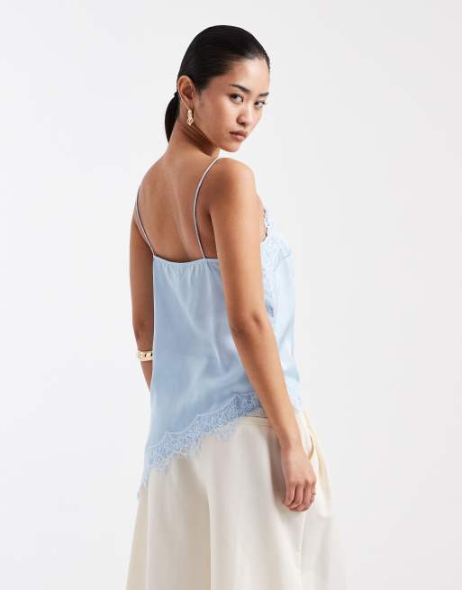 New Look - Lyseblå longline-top i satin med cami-stropper og asymmetrisk blondekant, 4 af 4