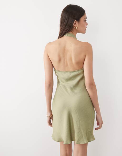 New Look - Lysegrøn minikjole i satin med halterneck, 2 af 4