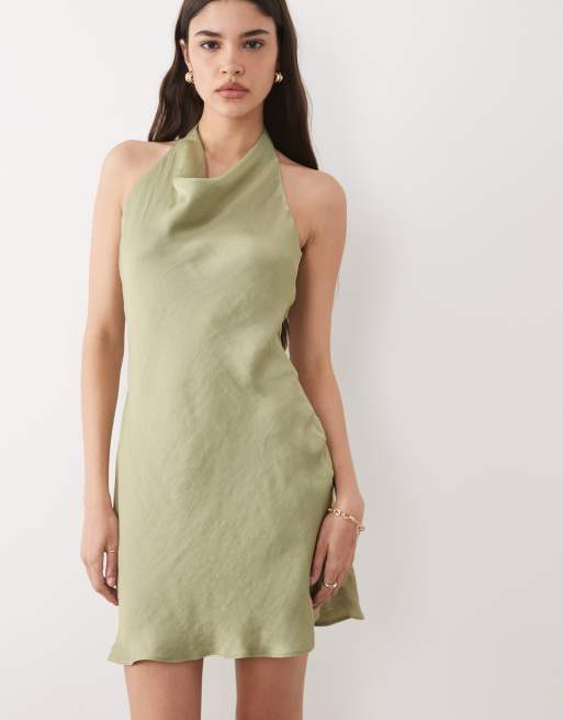 New Look - Lysegrøn minikjole i satin med halterneck, 4 af 4