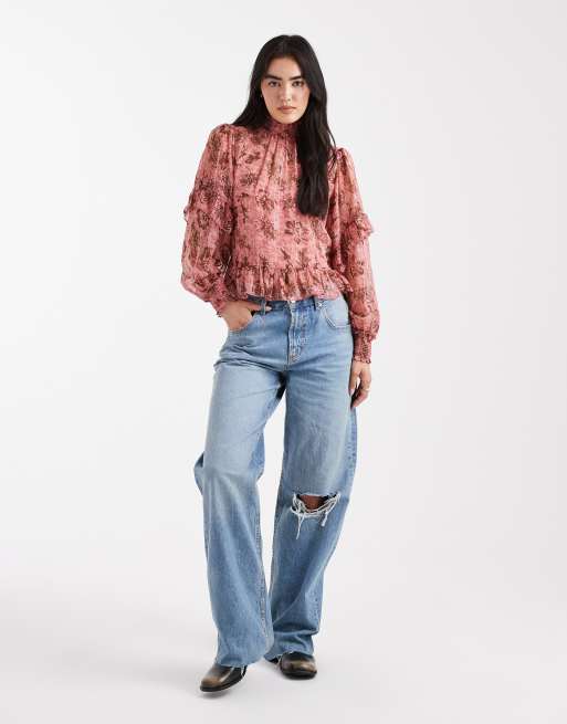 New Look - Lyserød bluse med flæser og blomsterprint, 3 af 4