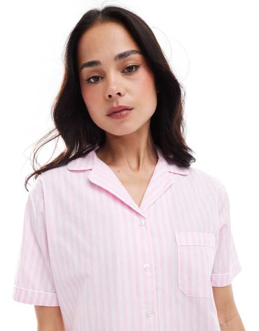 New Look - Lyserødt pyjamassæt med skjorte og shorts med striber, 4 af 4