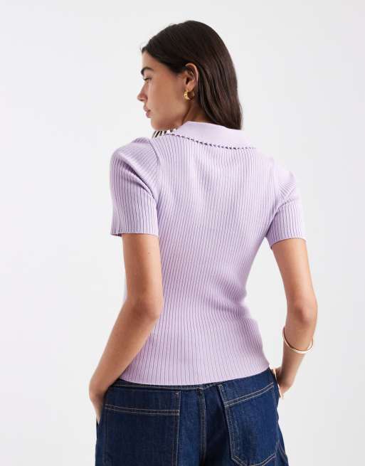 New Look - Lyslilla ribstrikket polo-T-shirt, 2 af 4