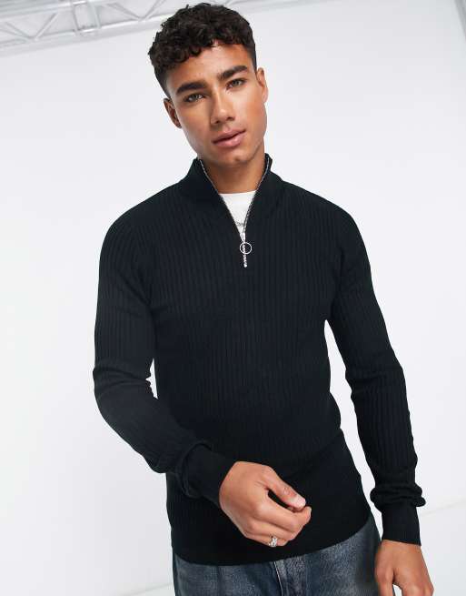 New Look - Maglione attillato lavorato a coste nero con collo a imbuto