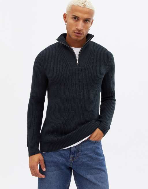New Look - Maglione classico con collo a imbuto e zip corta blu navy a coste inglesi