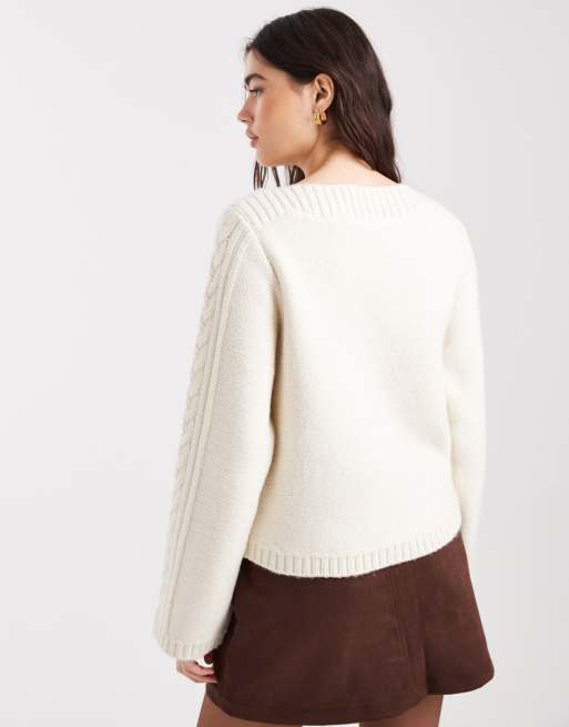 New Look - Maglione color crema a trecce con maniche ampie, 4 di 4