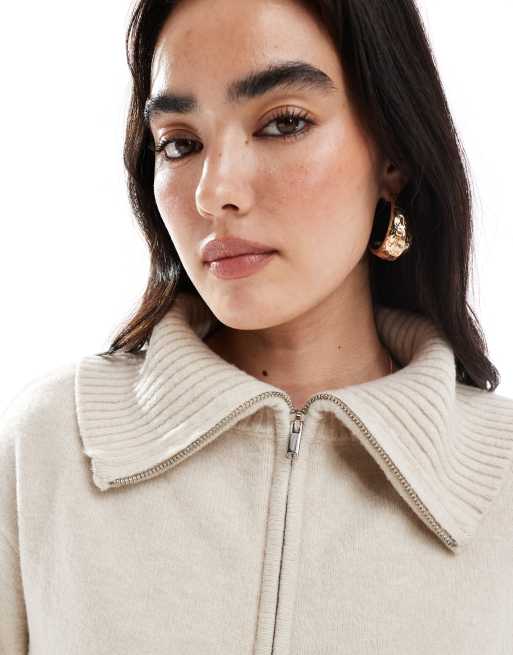 New Look - Maglione color crema con zip corta e colletto, 2 di 4