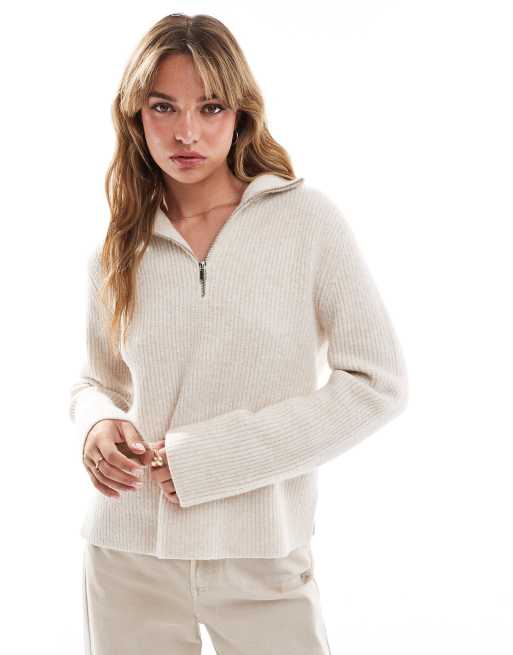 New Look - Maglione color crema con zip corta