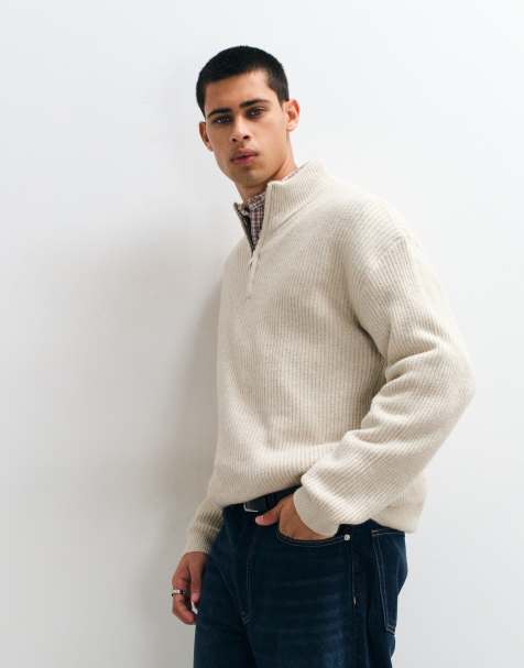 New Look maglione fisherman lavorato a maglia con zip a un quarto, color crema - view 1