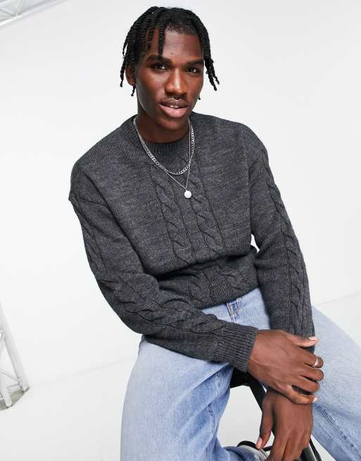 New Look - Maglione girocollo comodo a trecce grigio scuro