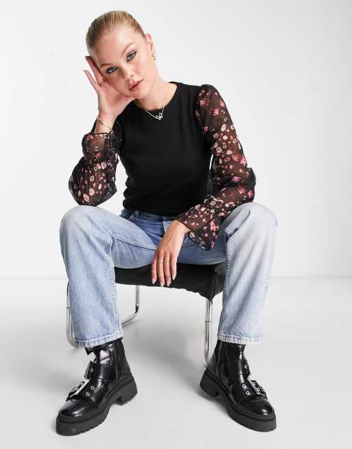 New Look Maglione lavorato in nero con maniche trasparenti a