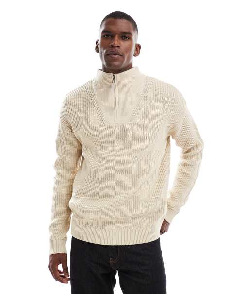 New Look - Maglione lavorato a coste inglesi color avena con zip corta - view 1