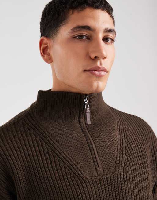 New Look - Maglione lavorato a coste inglesi marrone scuro con zip corta, 5 di 5