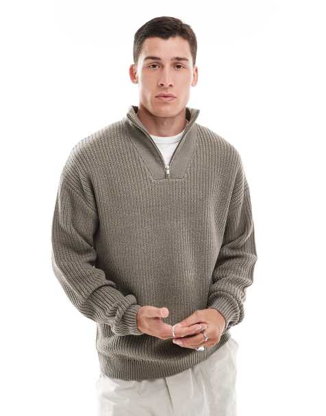 New Look - Maglione marrone lavorato a coste inglesi con zip corta - view 1