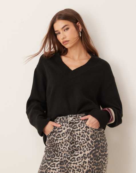 New Look - Maglione nero chiaro con scollo a V - view 1