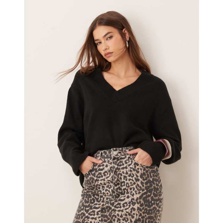 Maglione Donna Con Scollo A V Maniche Lunghe, Nero, Taglia XXL, Morbido E Leggero, Poliestere Spandex