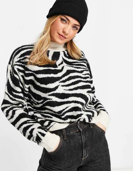 New Look - Maglione nero e bianco con motivo zebrato