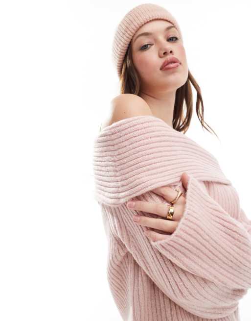 New Look - Maglione rosa chiaro a coste con scollo alla Bardot