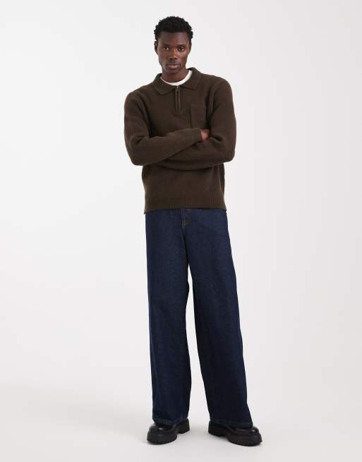 New Look - Maglione stile polo marrone scuro con zip corta, 2 di 5