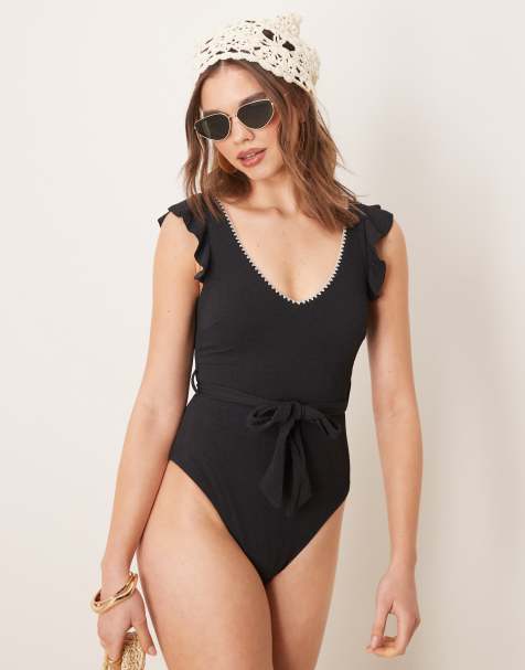 New Look - Maillot 1 pièce avec manches volantées et détail en point de feston - Noir - view 1