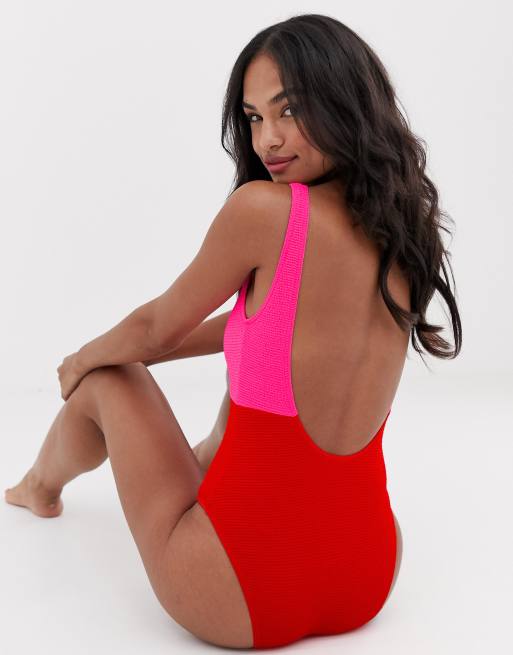 New Look - Maillot 1 pièce froncé color block - Rouge vif, 2 de 4