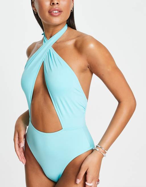 New Look - Maillot 1 pièce dos nu à découpe - Turquoise