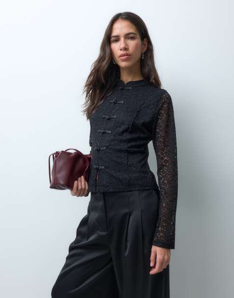 New Look mandarin collar knot front lace shirt in black - view 1