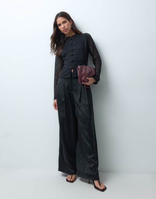 New Look mandarin collar knot front lace shirt in black, 2 of 4