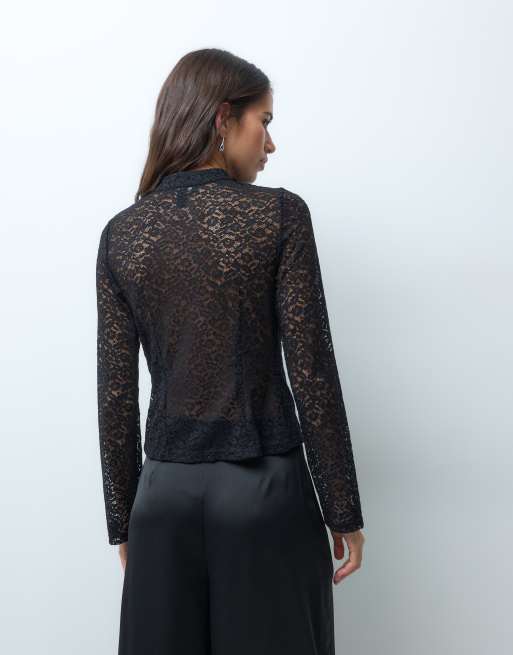 New Look mandarin collar knot front lace shirt in black, 4 of 4