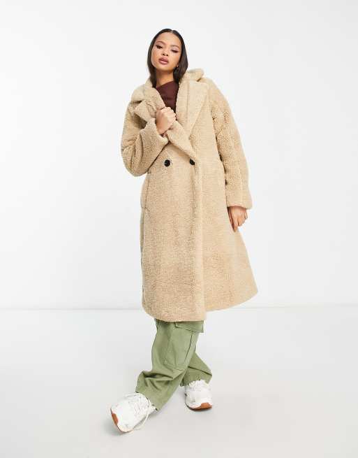 New Look Manteau en imitation peau de mouton double boutonnage Camel