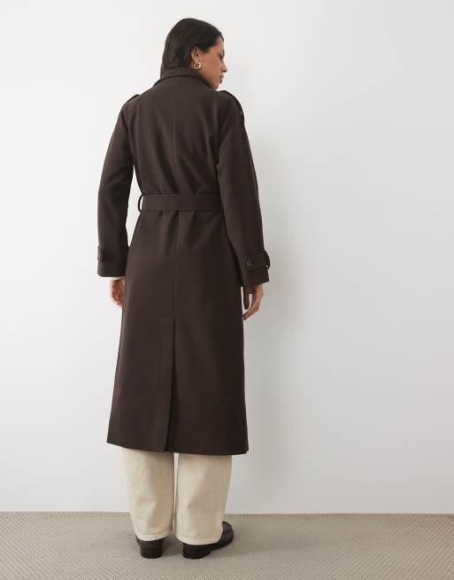 New Look manteau long ceinturé à col cheminée marron foncé, 3 de 4