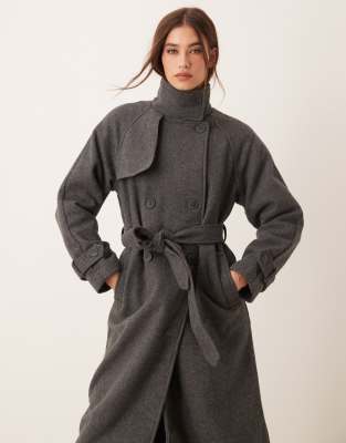 New Look - Manteau noué à la taille à col cheminée - Gris