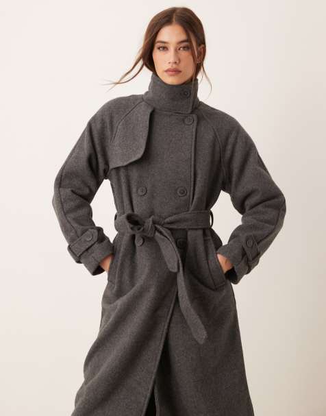 New Look - Manteau noué à la taille à col cheminée - Gris - view 1