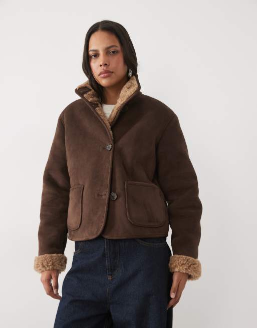 New Look manteau thermocollé doublé borg marron foncé, 2 de 4