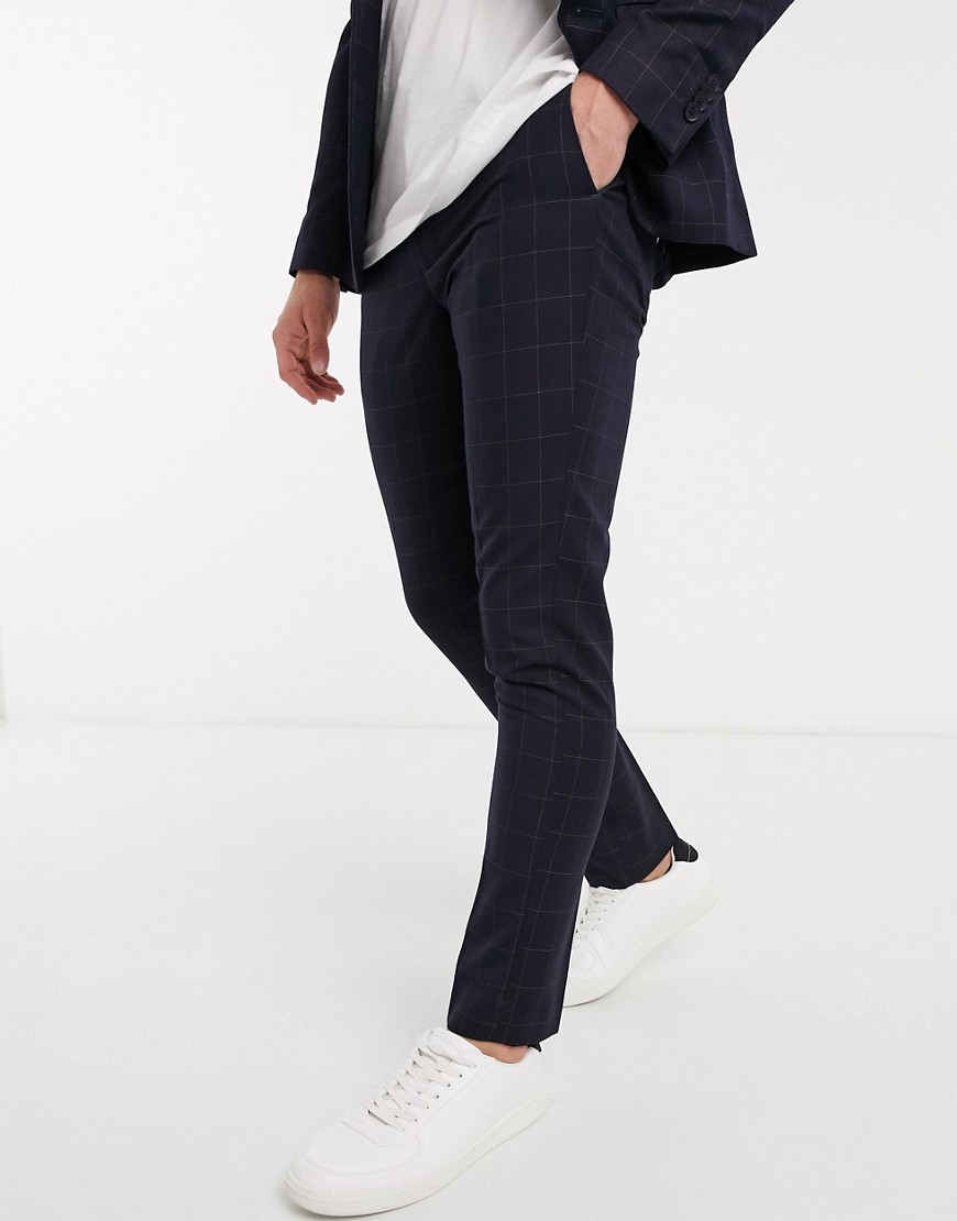 New Look – Marinblå kostymbyxor med ton i ton-rutmönster