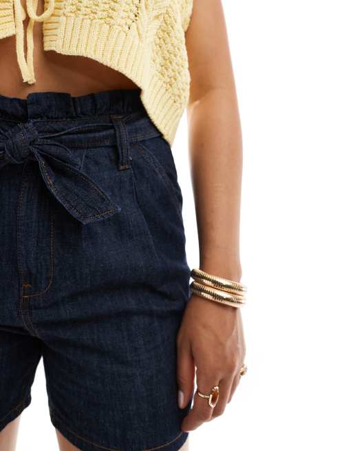 New Look – Marinblå, mjuka jeansshorts med paperbag-midja, 3 av 5