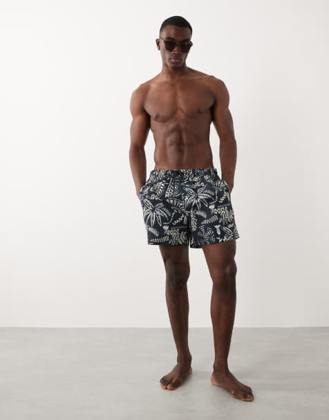 New Look - Marineblå badeshorts med palmeprint i skitsestil - view 1