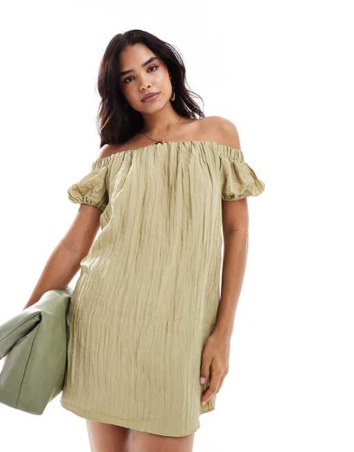 New Look – Marszczona sukienka mini z dekoltem bardot w kolorze khaki