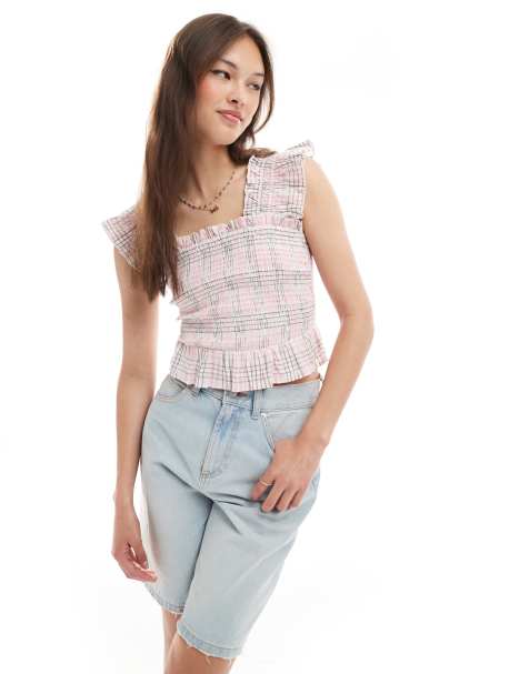 New Look check shirred cami top in pink