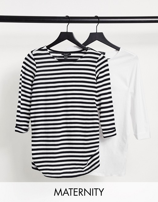 New Look Maternity 2 pack 3/4 sleeve top in white & stripe