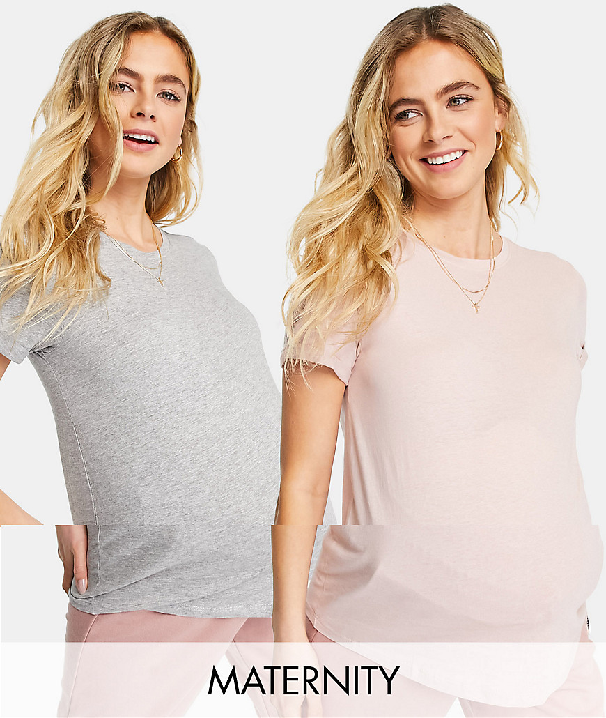 New Look Maternity 2 pack girlfriend t-shirts pack in pink and grey-Multi