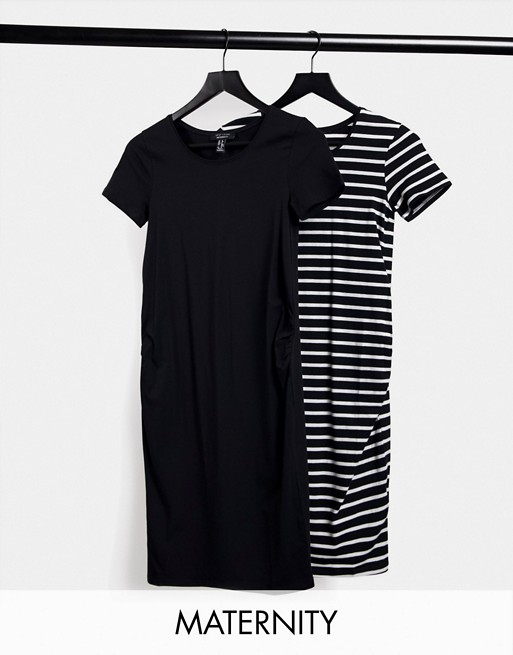 New Look Maternity 2 pack jersey t-shirt dress in black & stripe