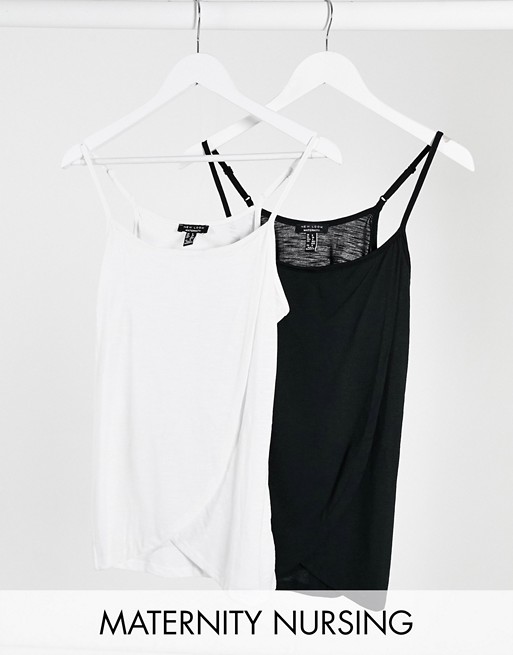 New Look Maternity 2 pack nursing wrap cami tops in black & white