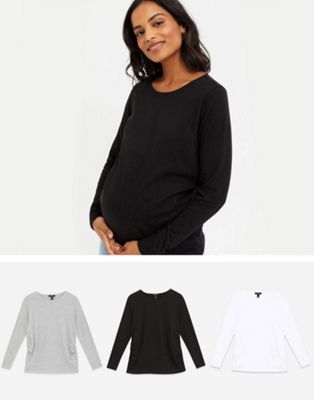 New Look Maternity 3 pack long sleeve tee in black white and grey