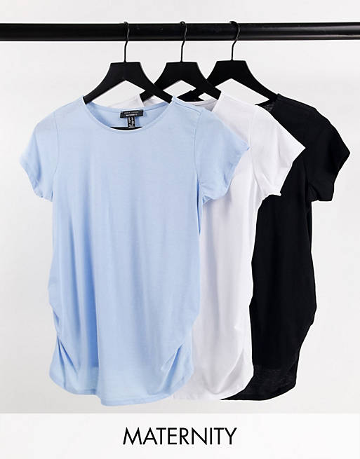 New Look Maternity 3 pack short sleeve rouched top in blue black and white