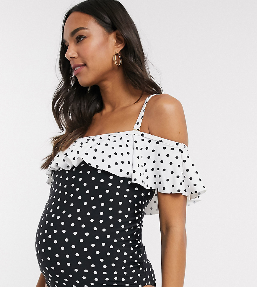 New Look Maternity - Badedragt med flæser og kontrastfarvede polkaprikker-Multifarvet