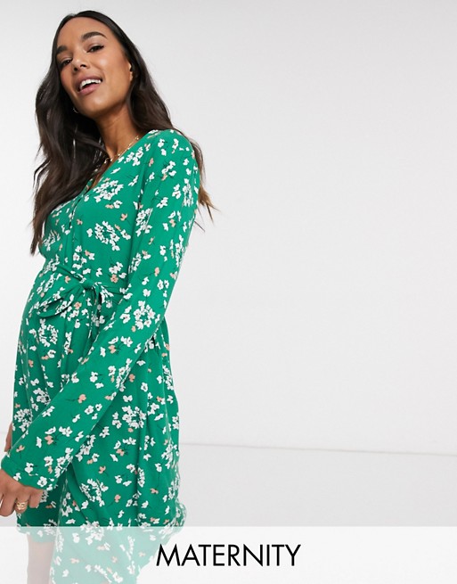 New Look Maternity belted midi dress in green floral