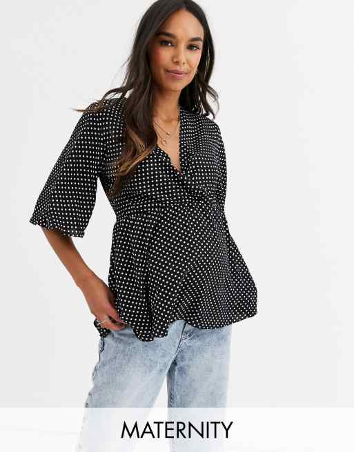 New Look Maternity belted peplum top in black polka dot | ASOS