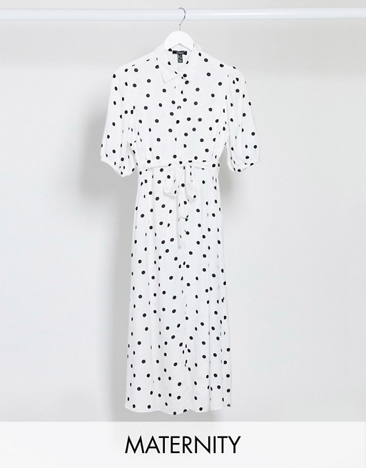 New Look Maternity belted shirt dress in multi polka dot